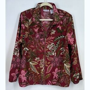 Blair Burgundy Floral Botanical Jacket Zip Up L Statement Print Travel Spring